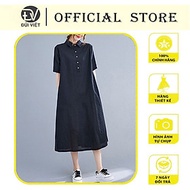 Váy sơ mi cộc tay cổ đức dáng suông dài, đầm sơ mi đũi trơn tay ngắn mặc đi chơi, dạo phố Đũi Việt D