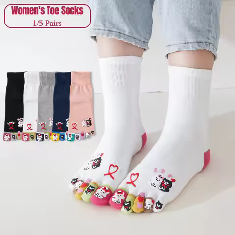 1/5 Pairs Women Five Toe Crew Socks Cute Cartoon Cat Soft Cotton Kawaii Lovely Heart Print Separate 