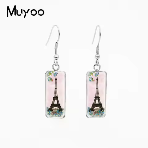 Vintage Eiffel Tower with Flowers Romantic Paris Tower Rectangle Fish Hook Dangles Earrings Handcraf
