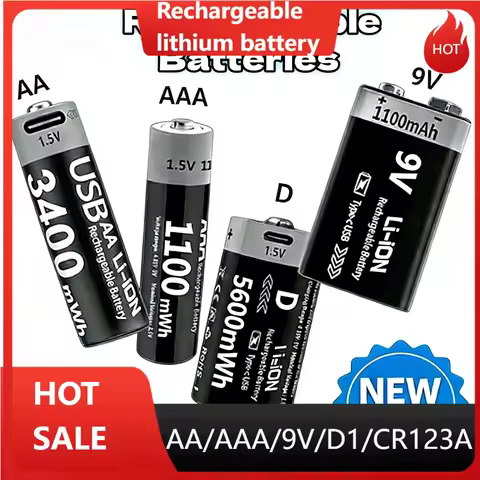 High Capacity AA AAA D Size CR123A 9V USB Rechargeable Lithium Batteries,3400mWh AA +1100mWh AAA,1.5
