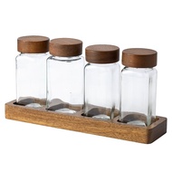 4pcs/set 200mL Glass Wood Lid Seasoning Jars with Wooden Base Can Hold Spices Salt Pepper Household 