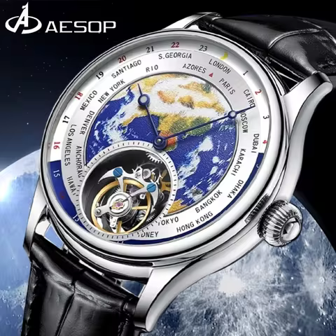 AESOP Original Luxury Men‘s Flying Tourbillon Mechanical Watch Earth Enamel Dial Sapphire Crystal Gl