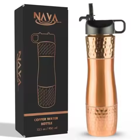 Pure Copper Water Bottle For Drinking Water with Straw and Sports Lid 33.5oz/ 950ml Ayurveda Copper 