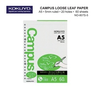 Kokuyo N-807S-5 Campus Loose Leaf Paper - GRID LINE -20 holes - A5  (60 Sheets) - 75gsm - SARASARA
