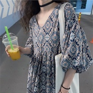 ชายหาดลองโบฮีเมียน เดรส ผู้หญิง ฤดูร้อน เสื้อผ้าถ่ายภาพท่องเที่ยว หลวม เอว ครอบคลุมเนื้อสไตล์ Boho แ