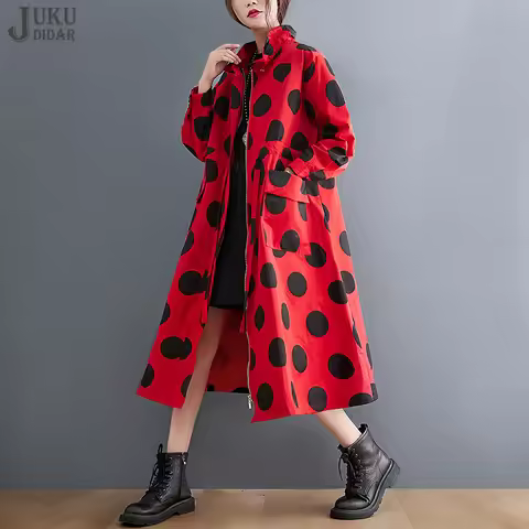 Zip Up Stand Collar Waist With Drawstring New Woman Red Khaki Dots Printed Long Jacket Trench Coat L