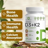 DEAL อาหารเสริมวิตามิน D3 & K2, 250 ซอฟท์เจลผัก | 5000 IU วิตามิน D3 & MK7 วิตามิน K2 | ส่งเสริมสุขภ