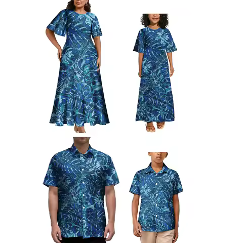 Family 4Pcs Dresses Match Shirt Design Polynesian Samoa Tribal Print Family Set Clothes Clothing