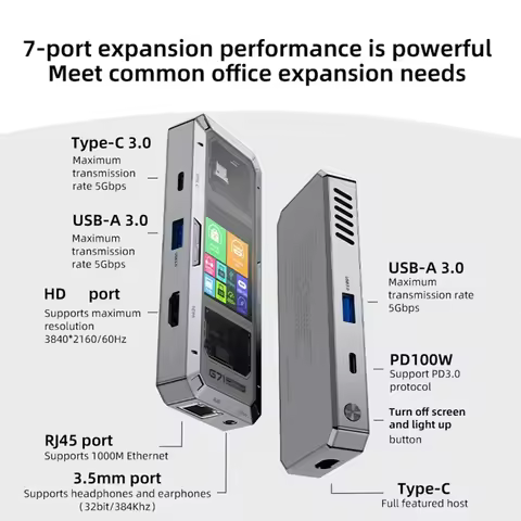 G71 7 in 1 Aluminum Alloy Office Docking Station Smart Screen Display Type-C to HDM2.0 USB3.0 HUB PD