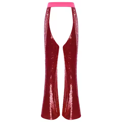 Womens Halloween Crotchless Pants Glitter Sequin Cowgirl Chaps Adjustable Waist Crotch Hollow Out Fu