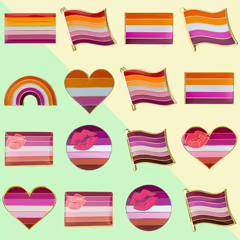 Sun Set Lesbian Badge LGBT Lipstick Pin Lesbian Pride Flag Brooch Pride Heart Shaped Flag Lapel Pin 