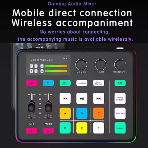 Gaming Audio Mixer Audio Interface RGB Lighting Mixer Voice Changer PC and Mobile Live Streaming Rec