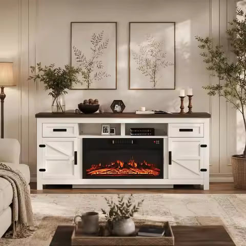 Aoxun 80 Inch Farmhouse TV Stand with Electric Fireplace and Barn Doors Media Entertainment Center w
