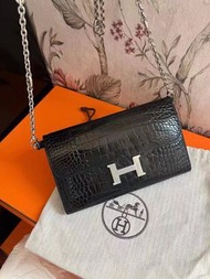 Hermes constance wallet 黑銀鱷魚皮