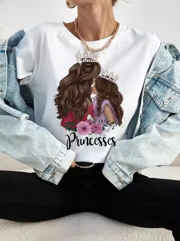 Maycaur Women Graphic Short Sleeve Cartoon Mom Mama Mother Daughter Clothes Casual Lady Tops Clothin