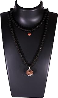 SHIVOHAM 14 Mukhi Guru Mani/Bead (5 Mukhi Black Rudraksha Mala 108+1 Beads) Silver Cap - Lab Certified