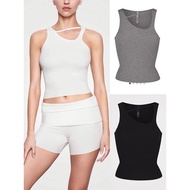 Skims Soft Lounge Cut Out Asymmetrical Crop Tank Top Shirt Black White Gray