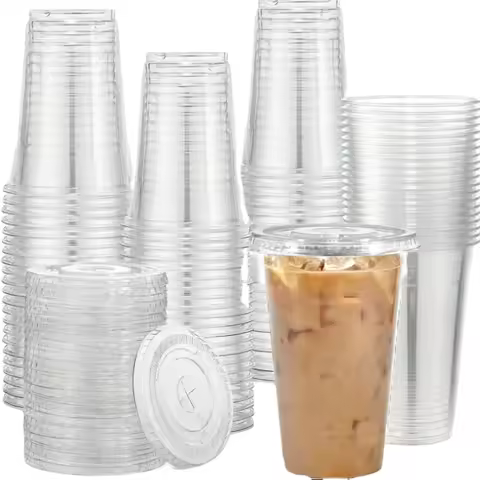 50 Sets 12/16/20OZ Transparent Tape Covered Disposable Plastic Cup for Coffee Juice Picnics Gatherin
