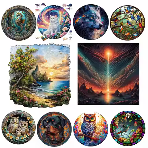 Unique Circular Wooden Animal Puzzle for Adult Kids Lovely owl Wood Jigsaw Intelligent DIY Toys Holi