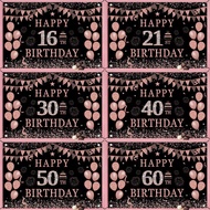 Happy Birthday Backdrop Black Pink Glitter Diamond Balloon Photography Background 16th 21st 30th 40t