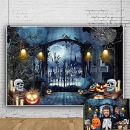 Halloween Backdrop 12x8ft Night Graveyard Gate Skeleton Pumpkin Scary Photo Background Gloomy Full M