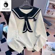 新款 寬松 上衣 女 韓版 ins 潮 College style color blocked navy collar top for women 学院风拼色海军领系带刺绣卫衣女2025新款时尚宽松洋