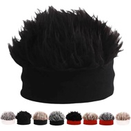 Men's Funky Faux Fur Knit Beanie Hat, Novelty Spiked Hair Wig Beanie Hat –Hip-Hop Funky Knit Brimles