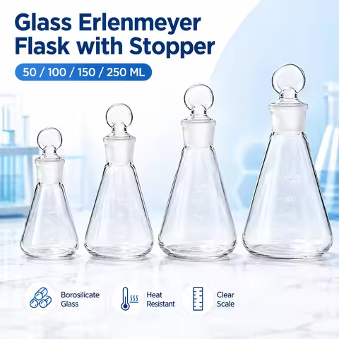 1Pcs 50/100/150/250/500ML Glass Erlenmeyer Flask, Borosilicate Conical Lab Bottle with Graduations f