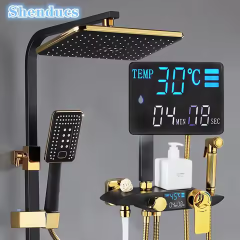 Newly Digital Bathroom Shower System Set Bathroom Fixture Accessories Rain Shower Head Black Gold Th
