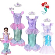 Disney Kids Ariel Princess Dress Girl Cosplay Costume Halloween Carnival Birthday Party Clothing