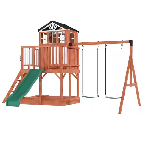 Swing Set for Kids,8 in 1 Outdoor Playset with Sandbox amp Play Kitchen, 2Seat Swing, Wave Slide, Co