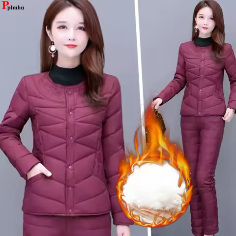 Winter Down Cotton Lined Slim 2 Pieces Sets Warm O-neck Button Coat Ensemble High Waist Straight Pan