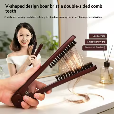Anti-Frizz Straightening Paddle Brush V-Shape Design with Boar Bristles Smooth Hair Detangling Contr