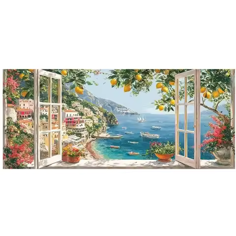 Mediterranean Greek Island Lemon Balcony Sea Landscape DIY Diamond Painting Full Square Round Big Si