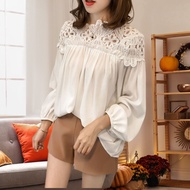 Lace Blouse Women Plus Size Chiffon Top Women's New Long Sleeve T-shirt Fat Sister All-Match Lace Top Korean Style Loose Bottoming Shirt
