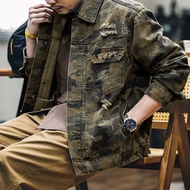 Desert camouflage retro distressed denim jacket mens spring 2025 new loose workwear jacket American