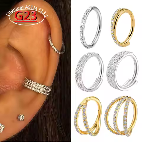 G23 Titanium Piercing Double Layered Triple Stack Hinged Zircon Nose Ring Helix Cartilage CZ Small C