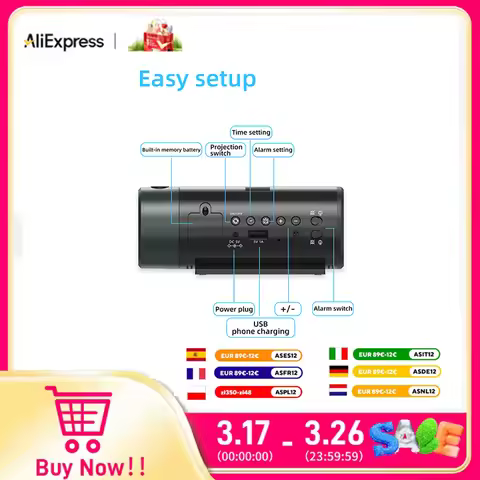 Temperature display projection alarm clock, digital alarm clock with 180° rotating projector, 4-leve