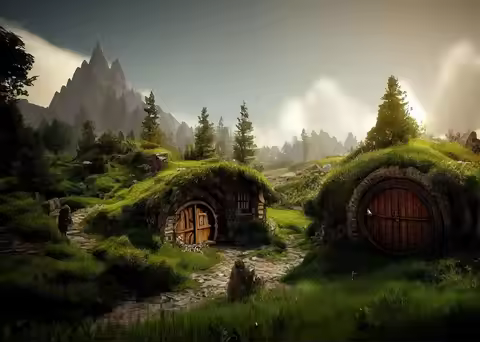 Medieval Hobbit Village Rural Green Grassland Hobbiton Cave Cabin birthday party photo background ph