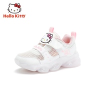 รองเท้ากีฬาสีขาวผ้าตาข่ายระบายอากาศได้ดีสำหรับเด็กหญิง Hello Kitty รองเท้าวิ่งตาข่ายชั้นเดียวสำหรับนักเรียนเด็กผู้หญิงในฤดูร้อนรองเท้าเดินทางฉลุลาย