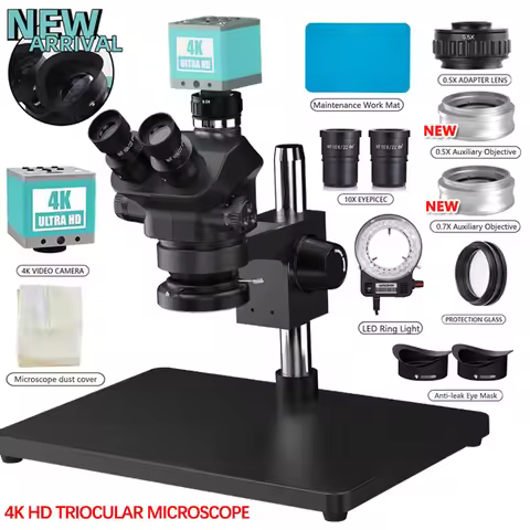 Zoom Trinocular Stereo Microscope Set + 2K 4K 48MP 55MP HDMI USB Video Camera + 1X 0.7X 0.5X Auxilia