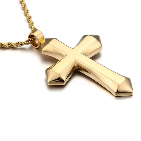 Boys MensPolished Big Cross Pendant Necklace Stainless Steel Twist Rope Chain Gold Silver Color Tone