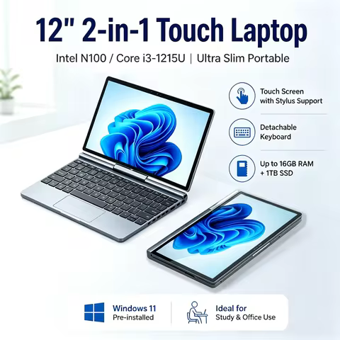 12 Inch 2-in-1 Convertible Touch Screen Laptop Intel N100 Slim Portable Mini Notebook Windows 11 For