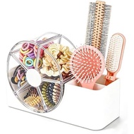 Hair Accessories Organizer, 360° Rotating 5-Section Storage with 2-Slot Comb & Brush Holder