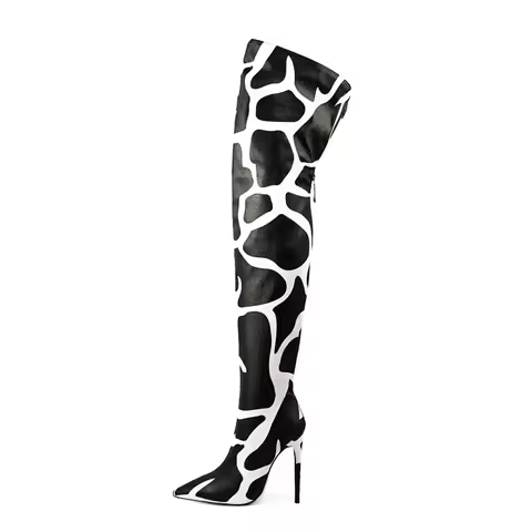 2024 Women's Euro-American Zebra Print Over-the-Knee Boots - Paneled Pointed-Toe Back-Zipper Stilett