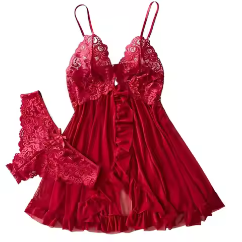 Elegant Transparent Red Lingerie Women's Underwear Sleepwear Lace Nightdress Panty Pijamas Sets Fema
