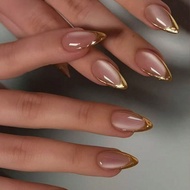 Upgrade Your Look With This 24pcs Almond-Shaped 3D Gel Nail Stickers! Handmade Gold French Stiletto 