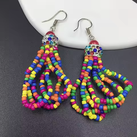 Bohemia Earrings For Women Colorful Rice Beads Crystal Mixed Earrings Retro Handmade Drop Earrings G