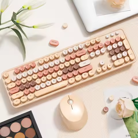 MOFii Sweet Wireless Keyboard Mouse Combo, Milk Tea Gradient Retro Round Keyboard, Silent for Women,