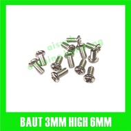 3MM HIGH 6MM BOLT M3 BOLT 0.6CM LENGTH CROSS BOLT M3X6MM